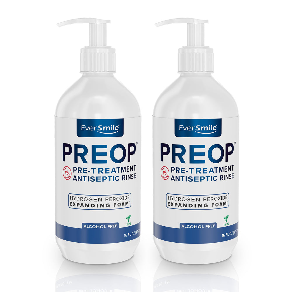 EverSmile PreOp bottle pour demonstrates quick deep cleaning and fresh breath on contact.