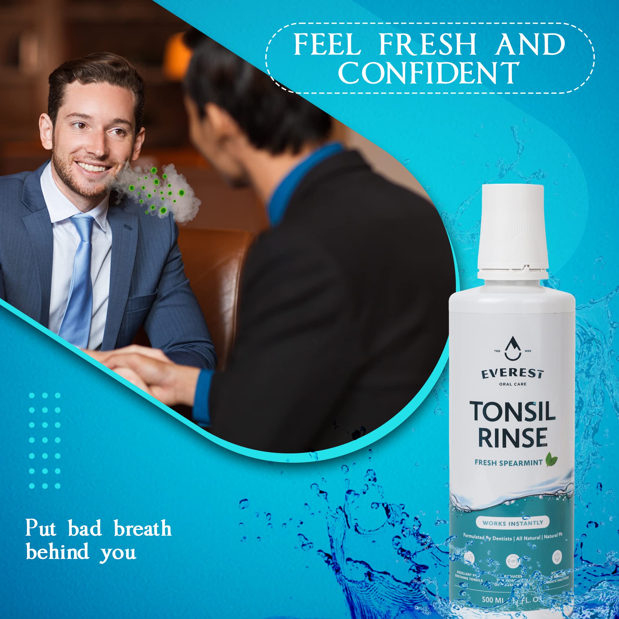 Everest Mouth Wash label highlighting natural ingredients and alcohol-free formula.
