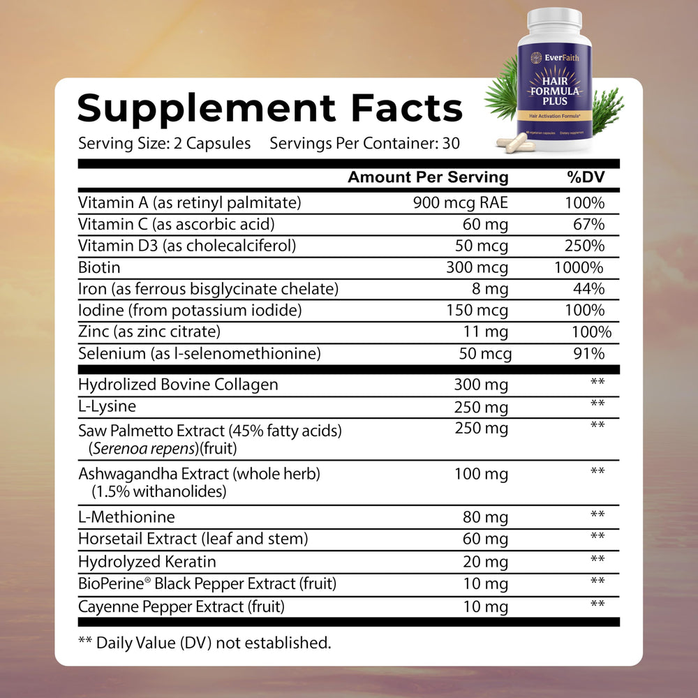 EVERFAITH Hair Formula Plus capsules close-up highlighting biotin and keratin.