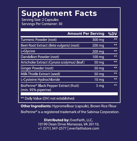 EVERFAITH Livergy capsules closeup highlights vegetarian capsules for daily detox.