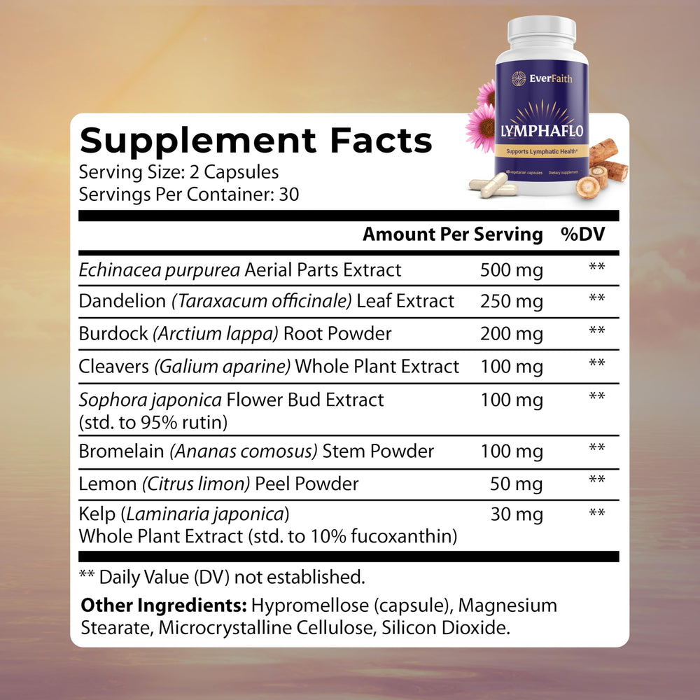 Everfaith LymphaFlo bottle closeup emphasizing vegetarian capsules.