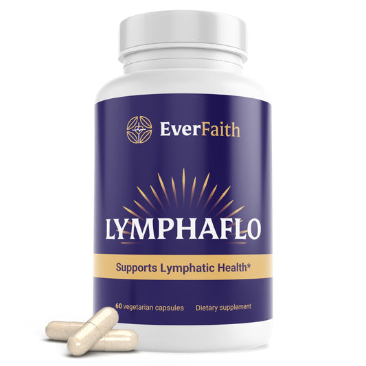 Everfaith LymphaFlo capsules closeup showing the capsule form and label details for lymphatic support.