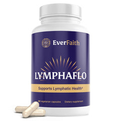 Everfaith LymphaFlo capsules closeup showing the capsule form and label details for lymphatic support.