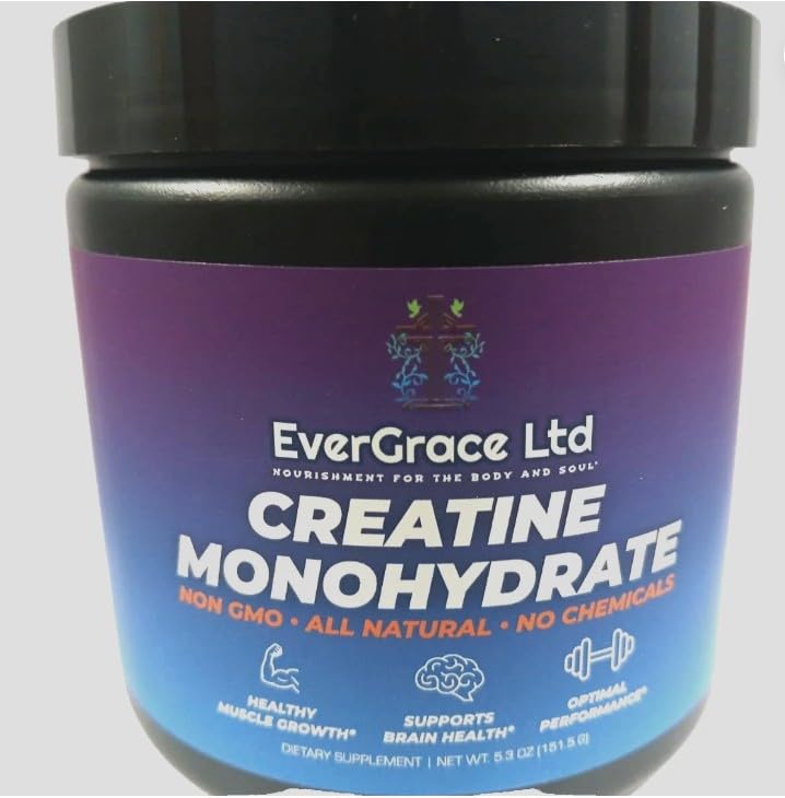 EverGrace Creatine Monohydrate bottle front with clean labeling for workout support.