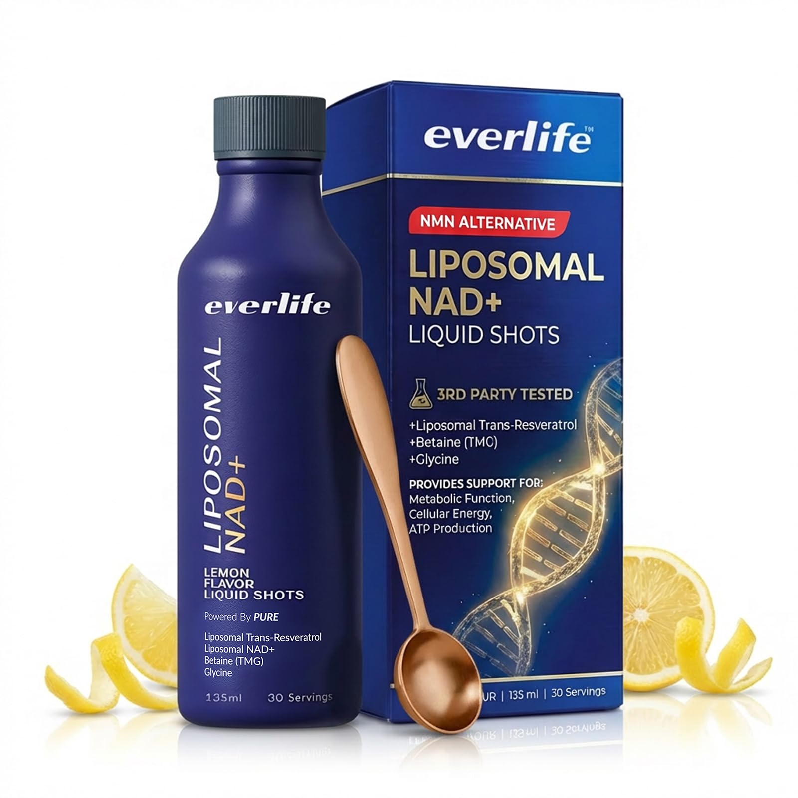 Everlife NadPlus liquid bottle highlighting enhanced energy support and liposomal delivery