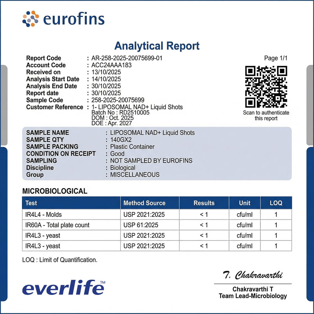 Everlife Liposomal NAD+ shelf-stable formulation signaling consistent potency
