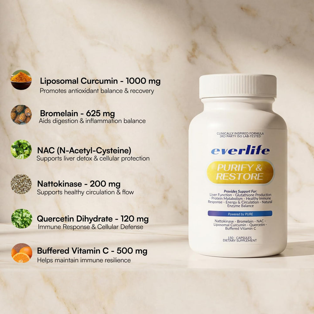Everlife Spike Protein Detox capsules lifestyle shot illustrates easy wellness routine