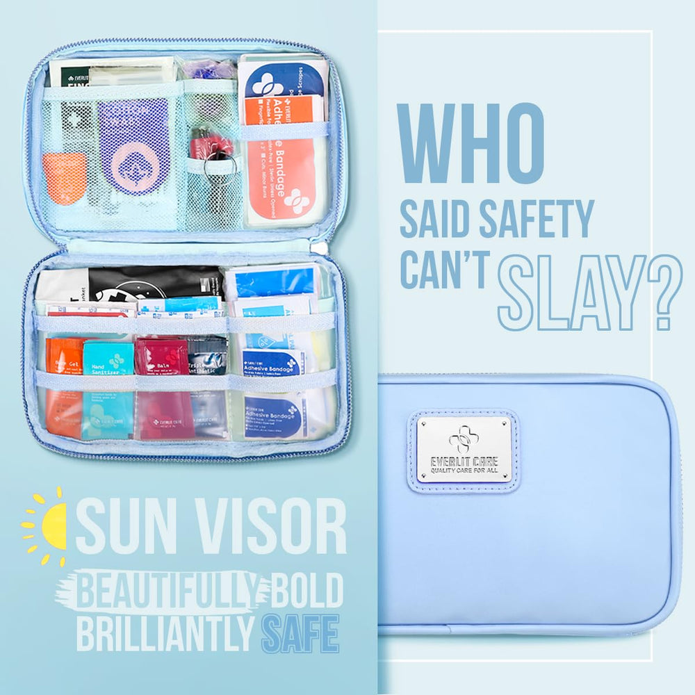 EVERLIT CARE car first aid kit cyan clip-on sun visor for instant reach.