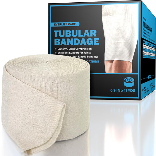 EVERLIT elasticated tubular bandage on arm provides breathable, lightweight support.