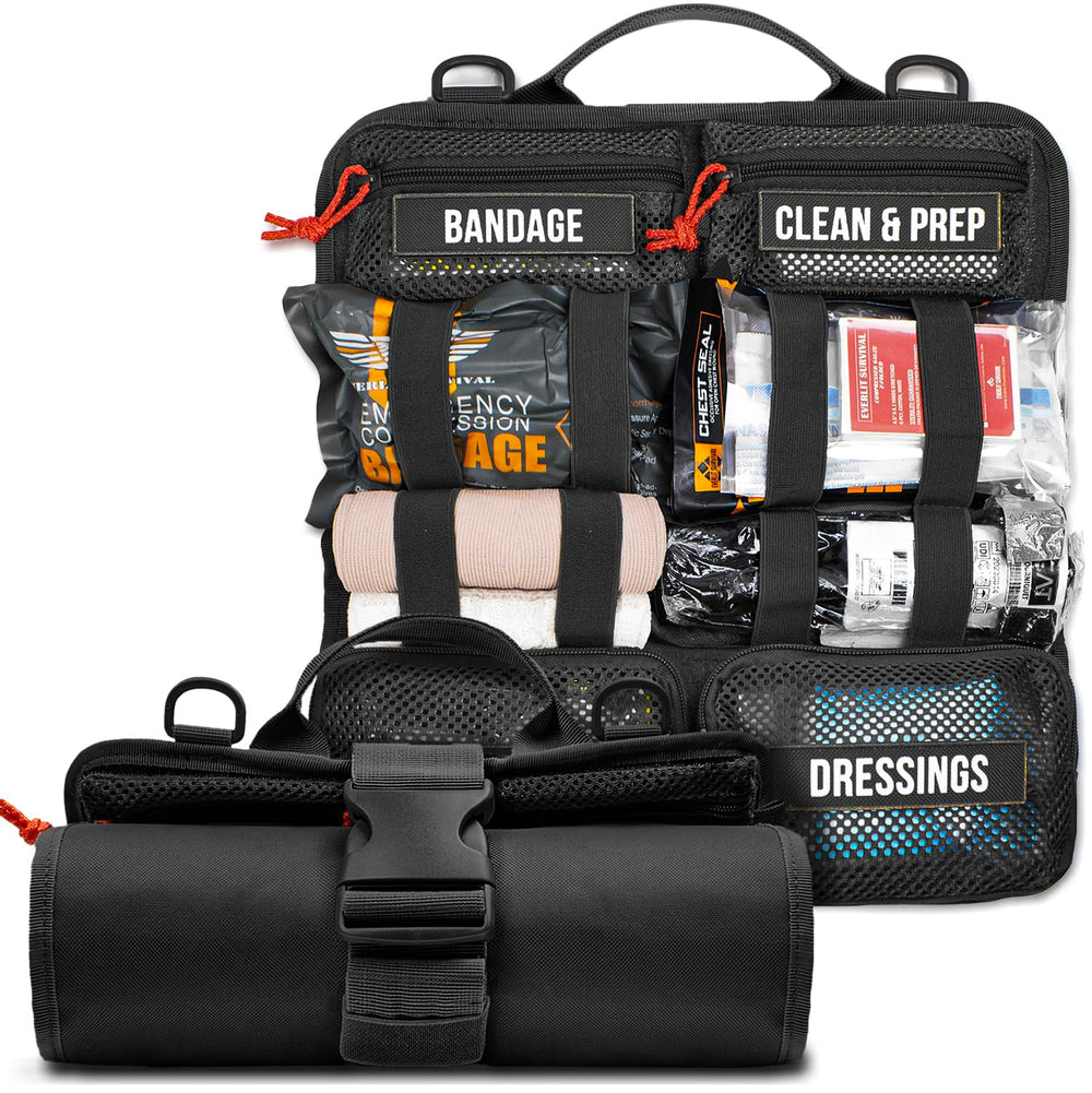 Everlit roll-up trauma kit with tourniquet for rapid access in emergencies.