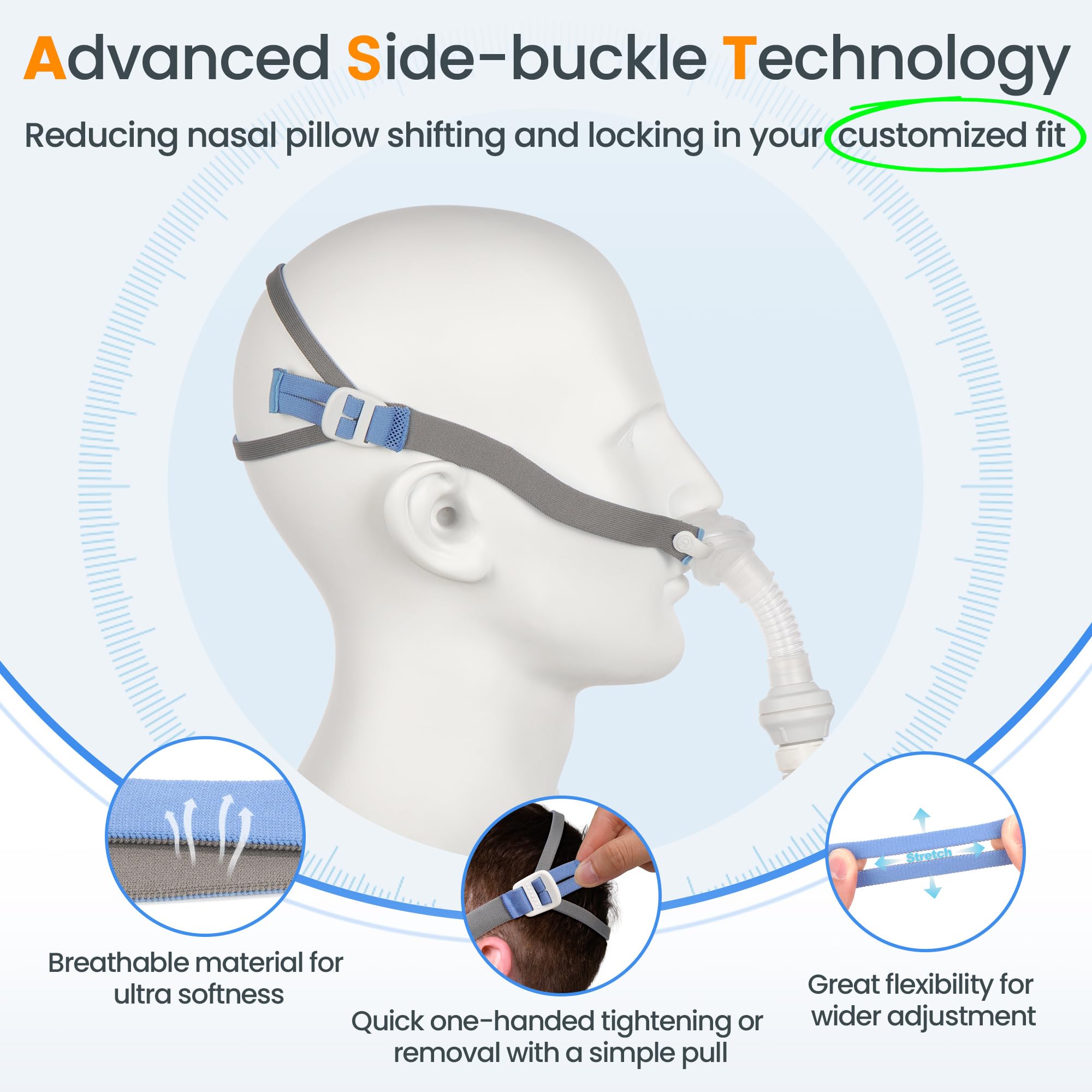 Everness side-buckle headgear offers wide, flexible adjustment for secure fit.