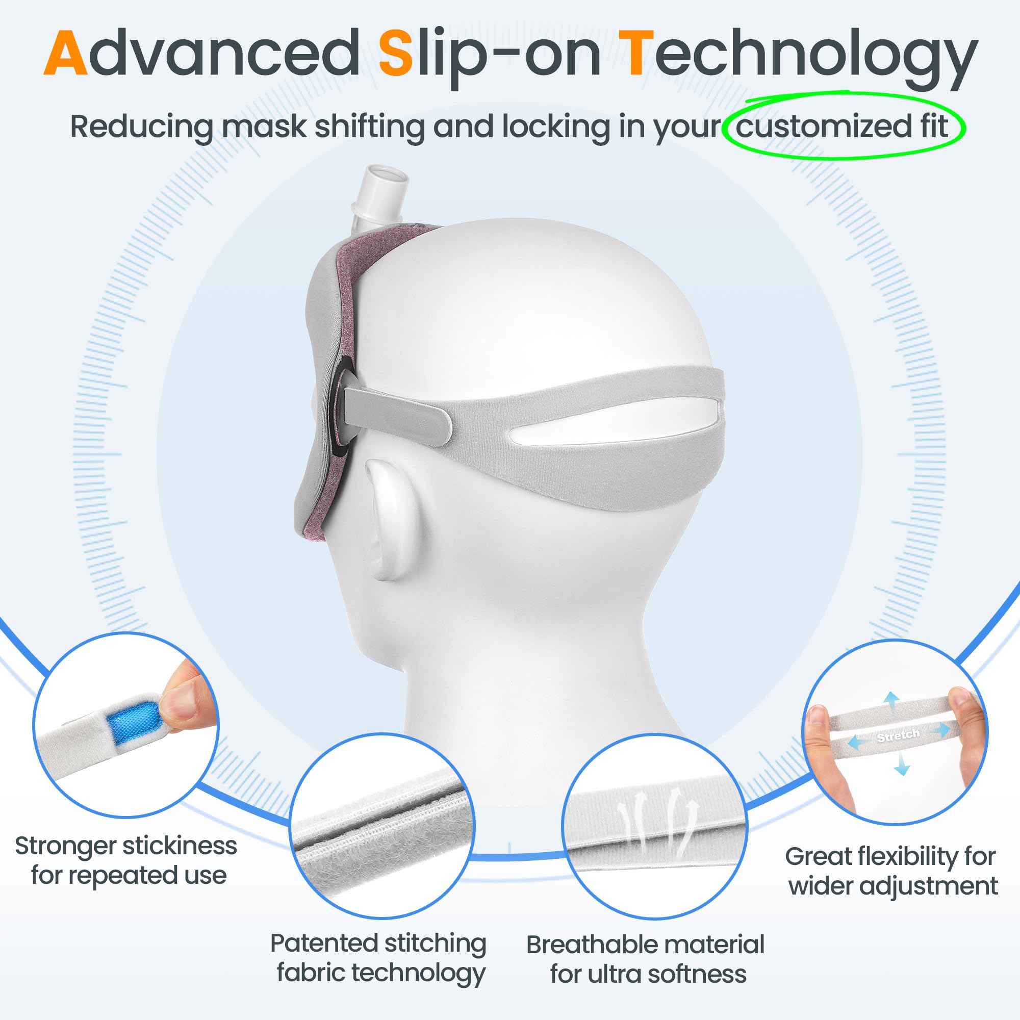 Everness slip-on elastic-fit headgear for simple, comfortable adjustment.
