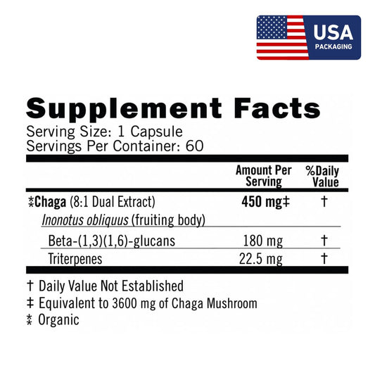 Eversio Wellness chaga capsules close-up showing high-potency 8:1 dual extract.