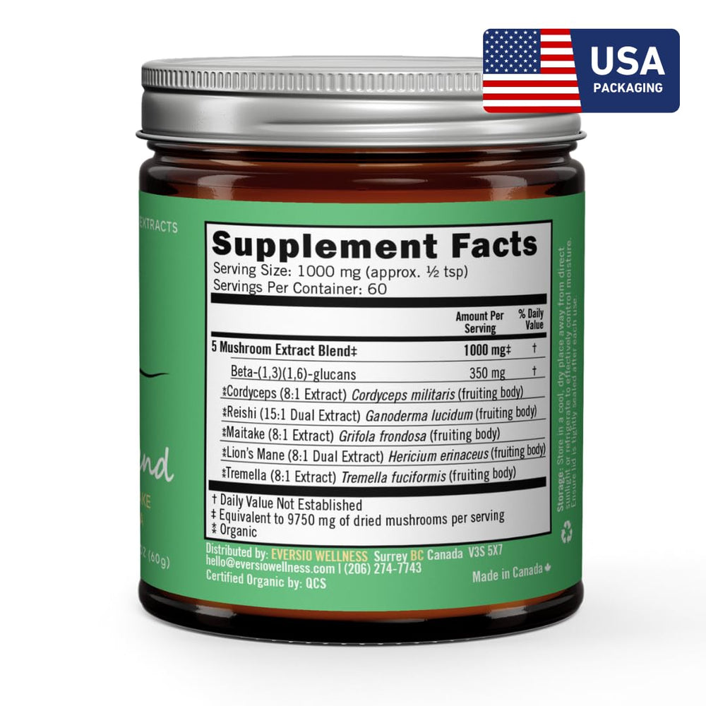 Eversio Wellness Cordyceps-Reishi-Lions Mane powder highlighting energy support