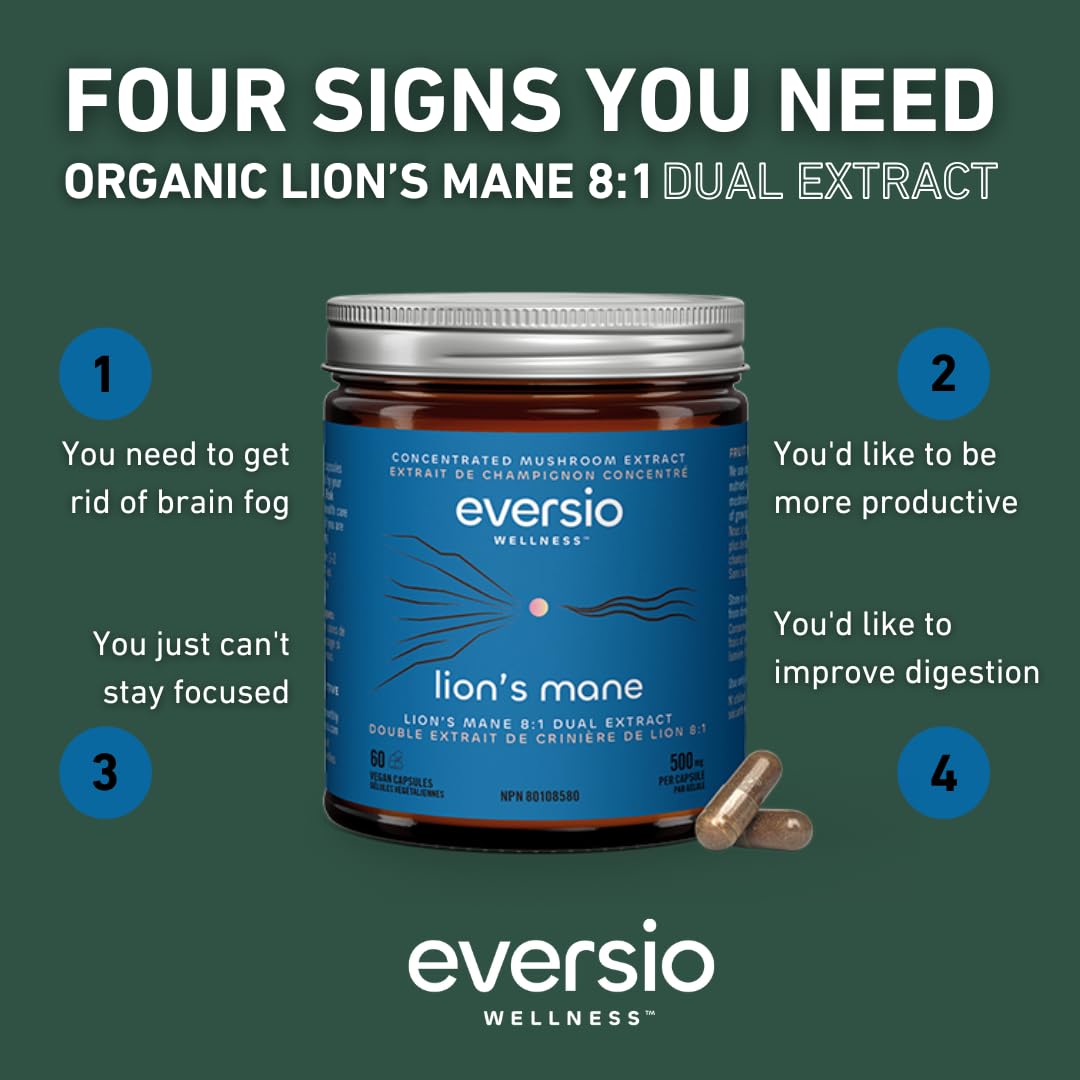 Eversio Wellness Lion’s Mane fruiting body capsule emphasizing pure, grain-free extract for cognitive support.