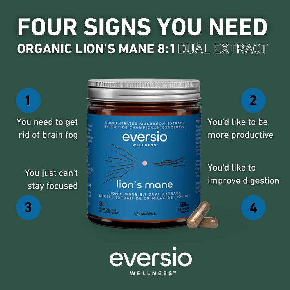 Eversio Wellness Lion’s Mane fruiting body capsule emphasizing pure, grain-free extract for cognitive support.