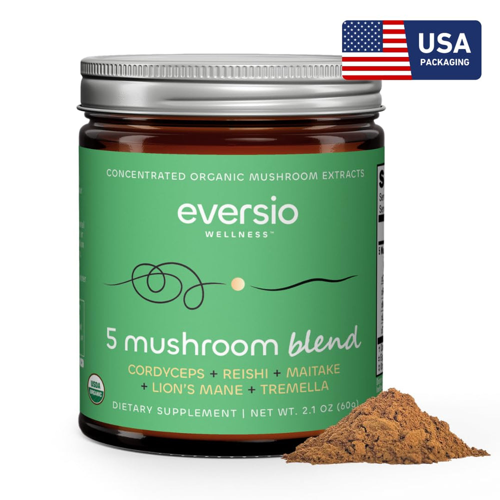 Eversio Wellness 5 Mushroom Blend label detail showing potency