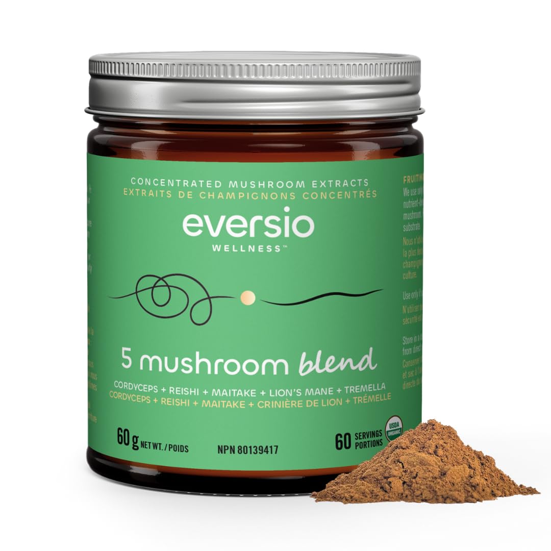Eversio Wellness Organic 5 Mushroom Blend powder bottle for daily vitality