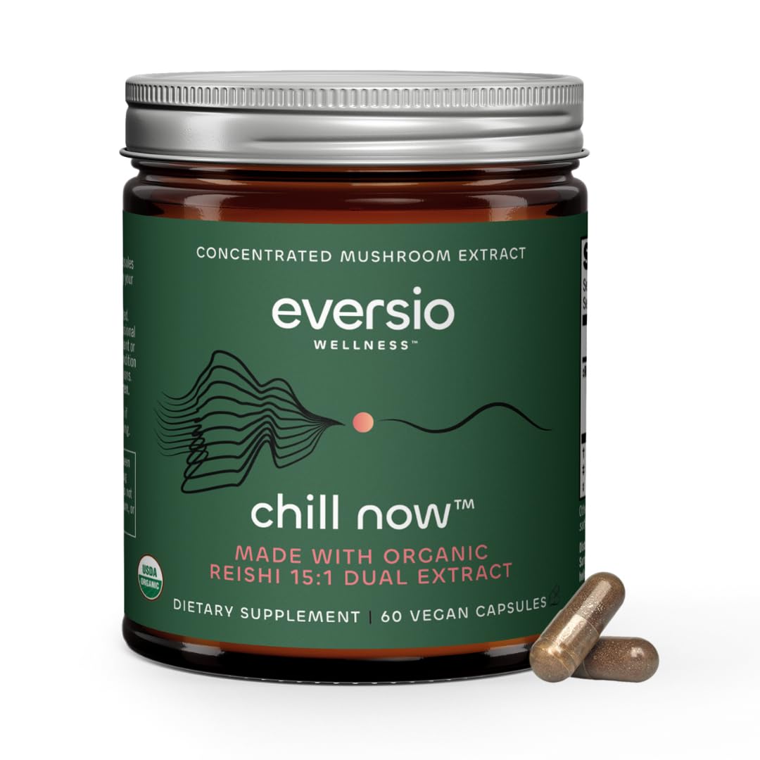 Eversio Wellness Organic Reishi capsules bottle front promotes calm and daily resilience.
