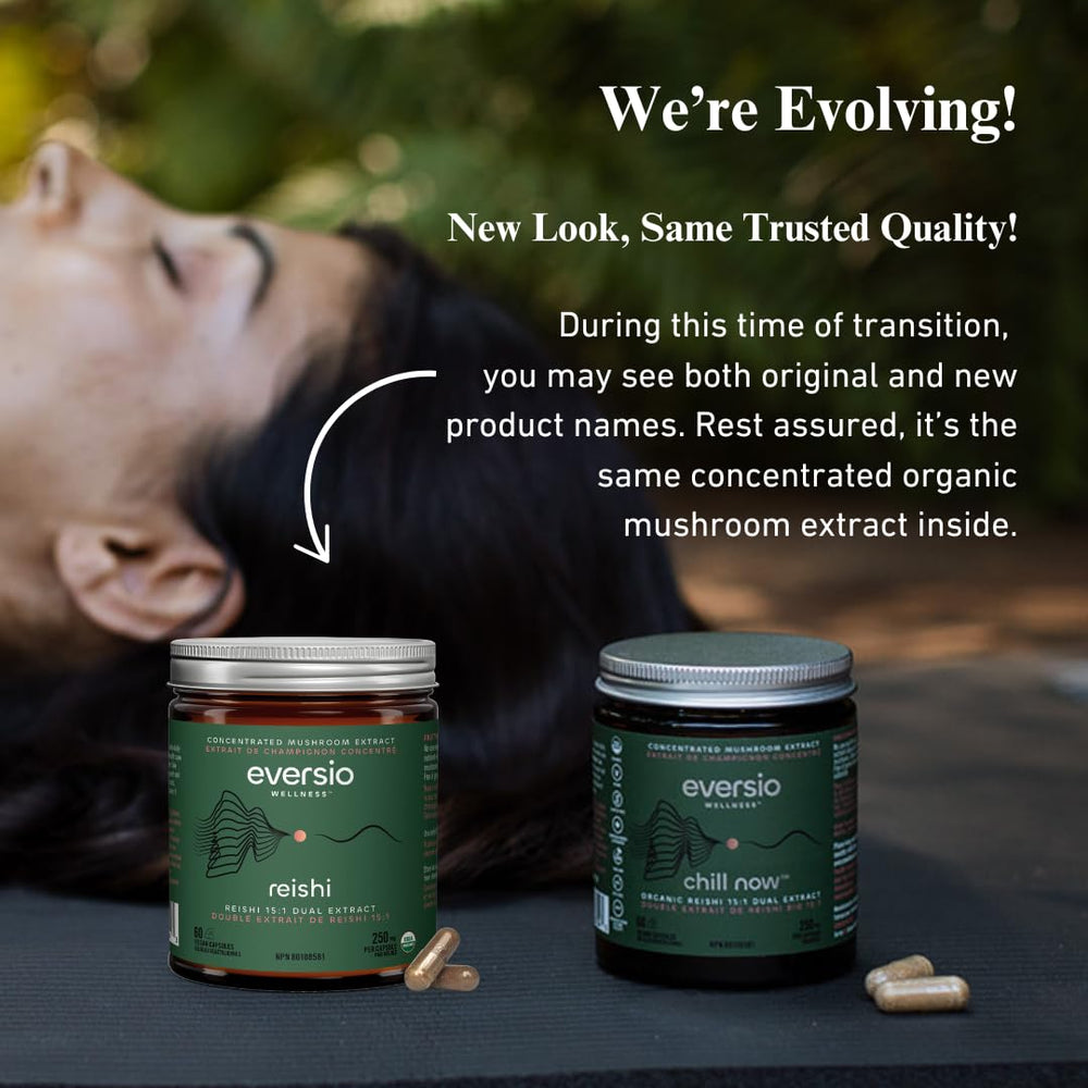 Eversio Wellness Reishi capsules pour evokes an easy daily ritual.