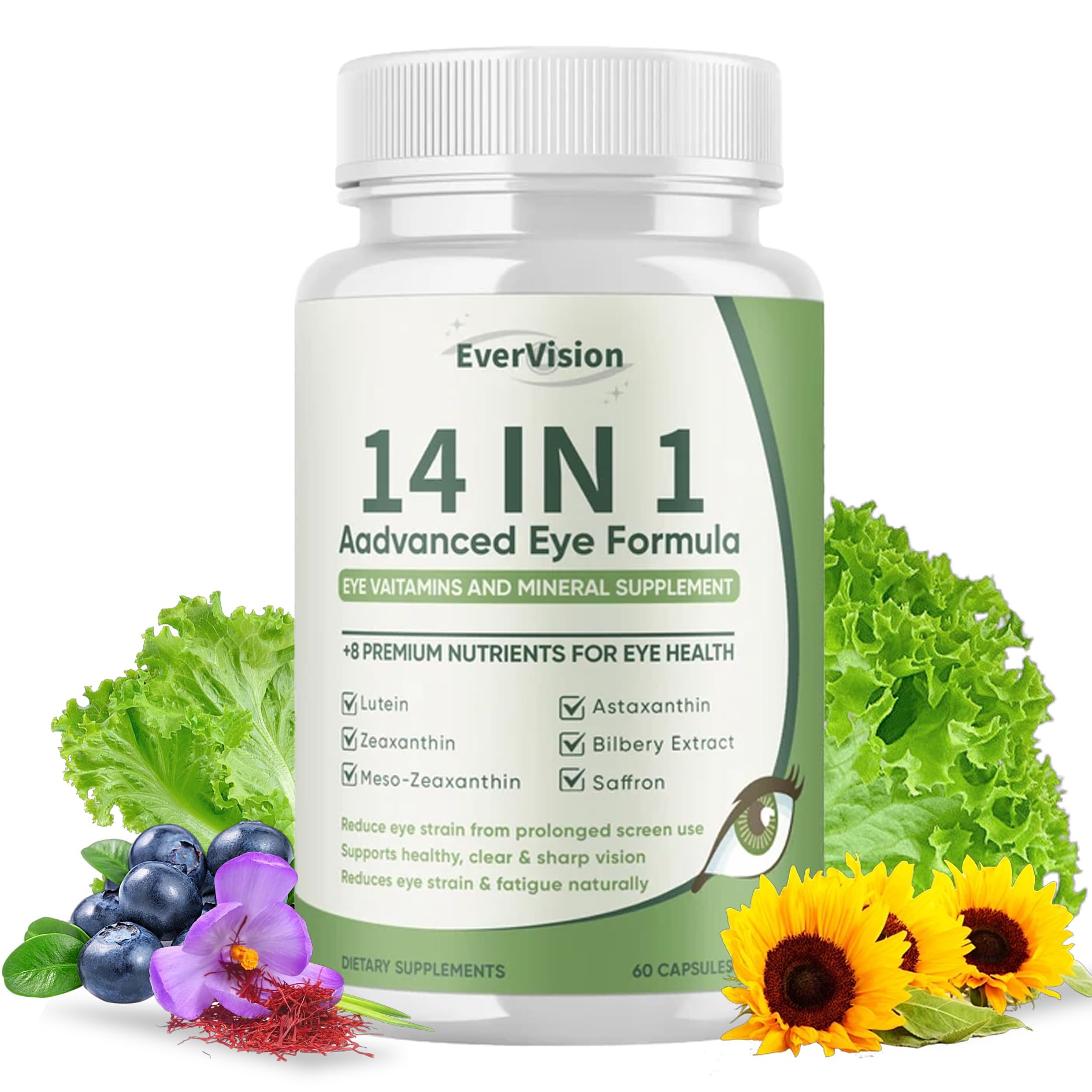 EVERVISION 14-in-1 eye formula bottle with capsules for daily eye support.