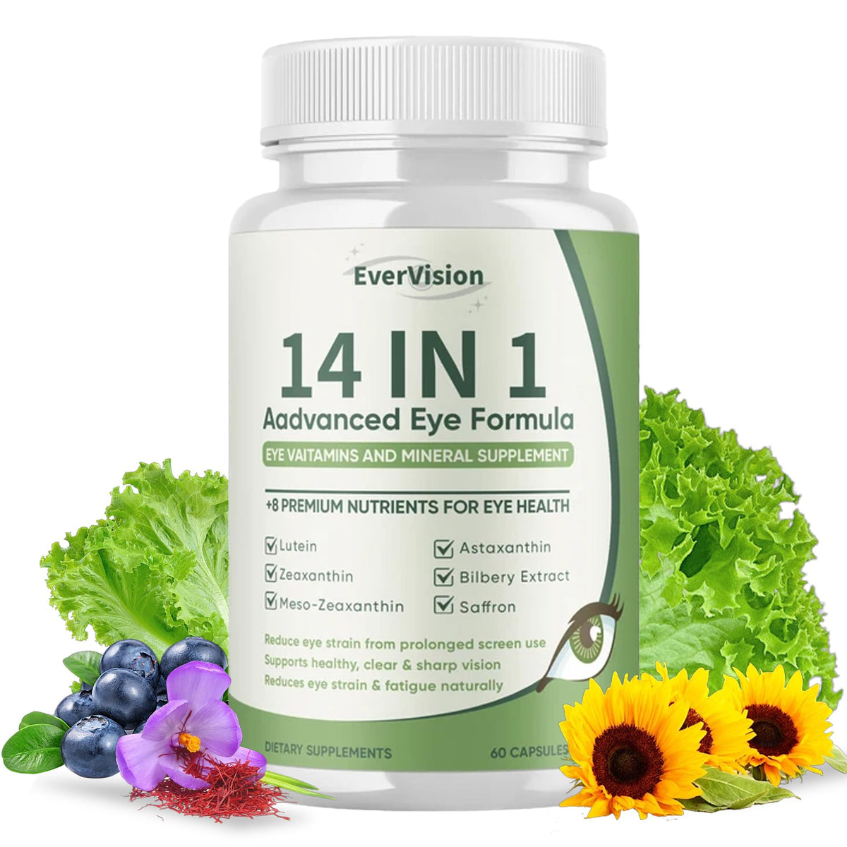 EVERVISION 14-in-1 eye formula bottle with capsules for daily eye support.