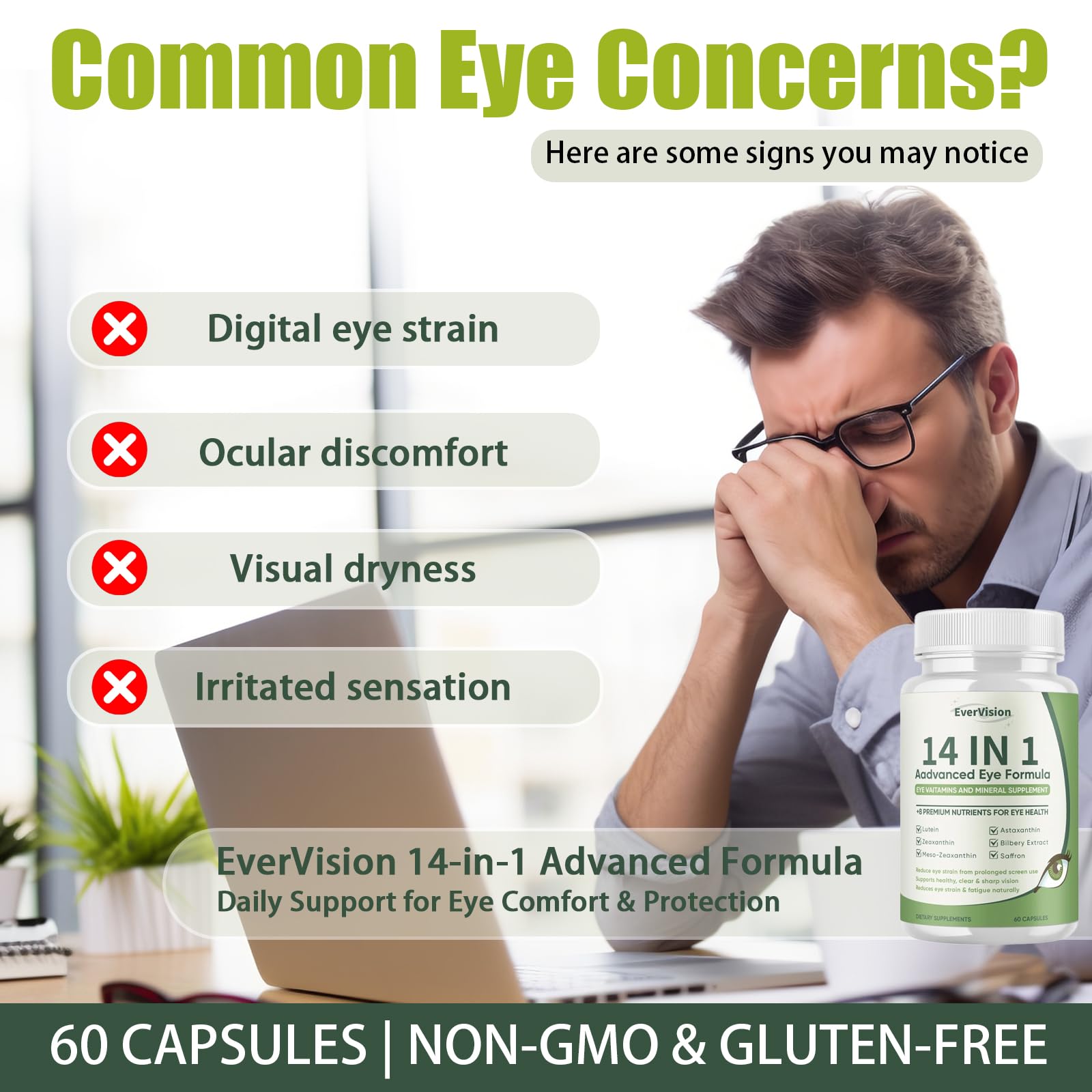 EVERVISION eye supplement capsules close-up showing rounded tablets for eye health.