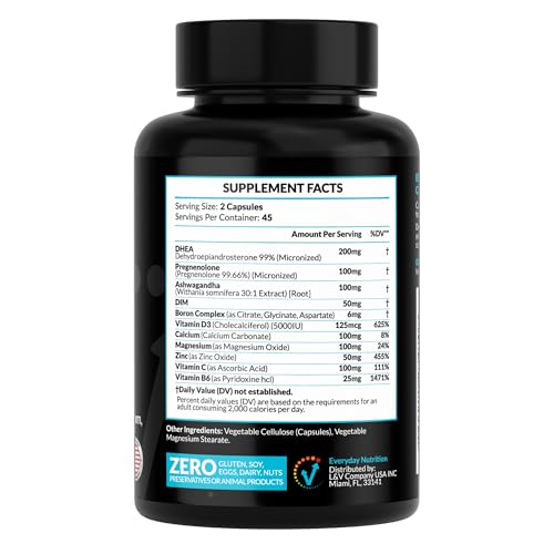 EVERYDAY NUTRITION Pregnenolone 100mg bottle highlights key hormone-support ingredients for focus