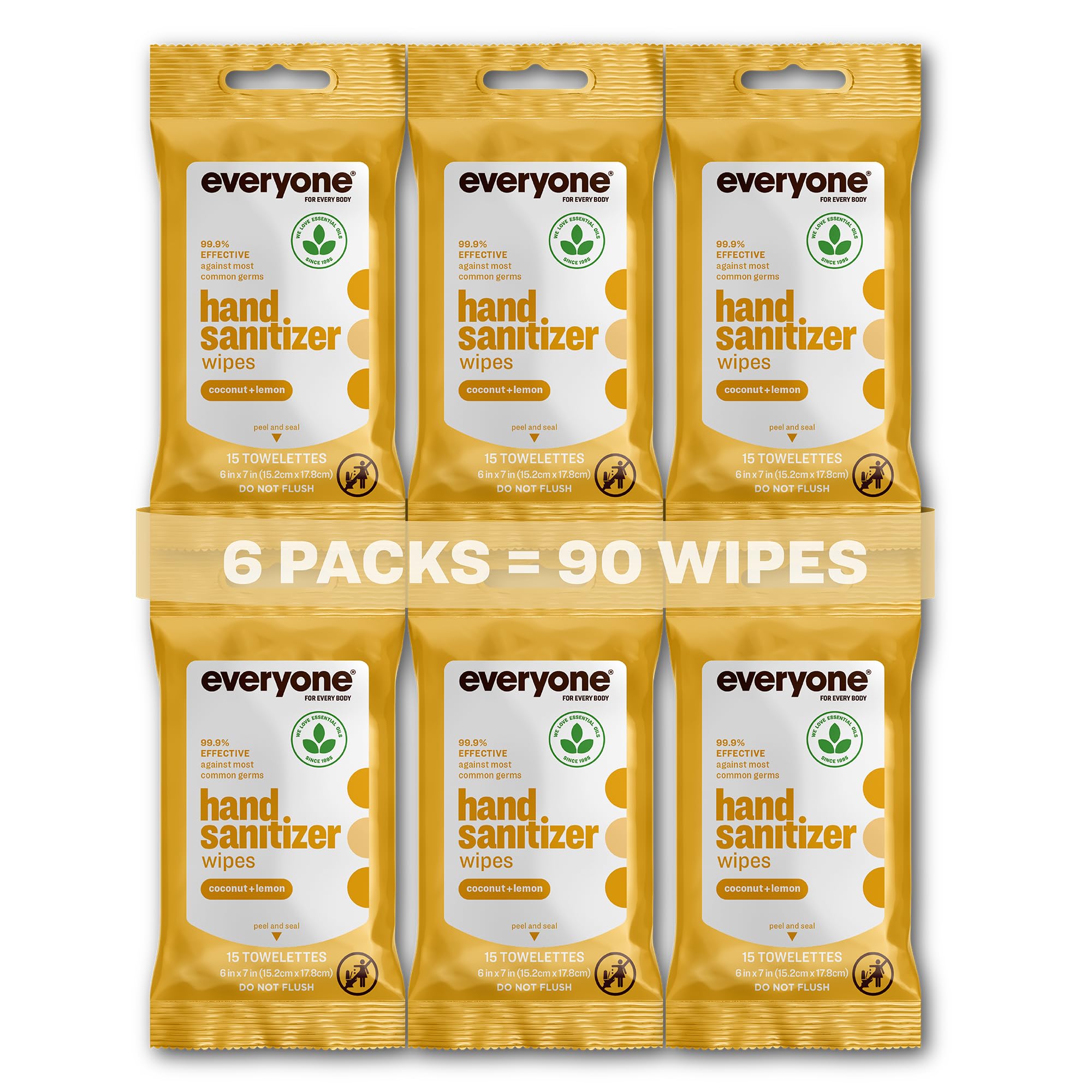 Everyone hand sanitizer wipes 6-pack with coconut lemon scent for quick on-the-go cleansing.
