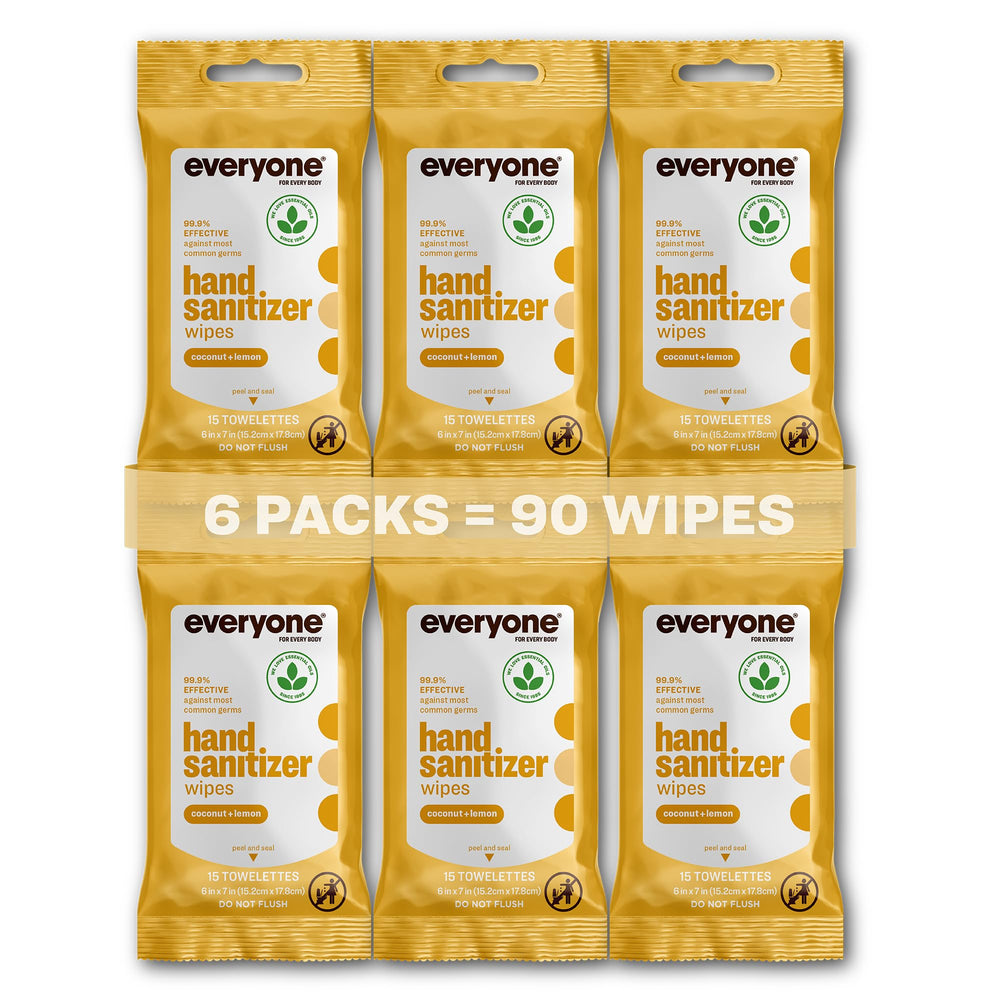 Everyone hand sanitizer wipes 6-pack with coconut lemon scent for quick on-the-go cleansing.