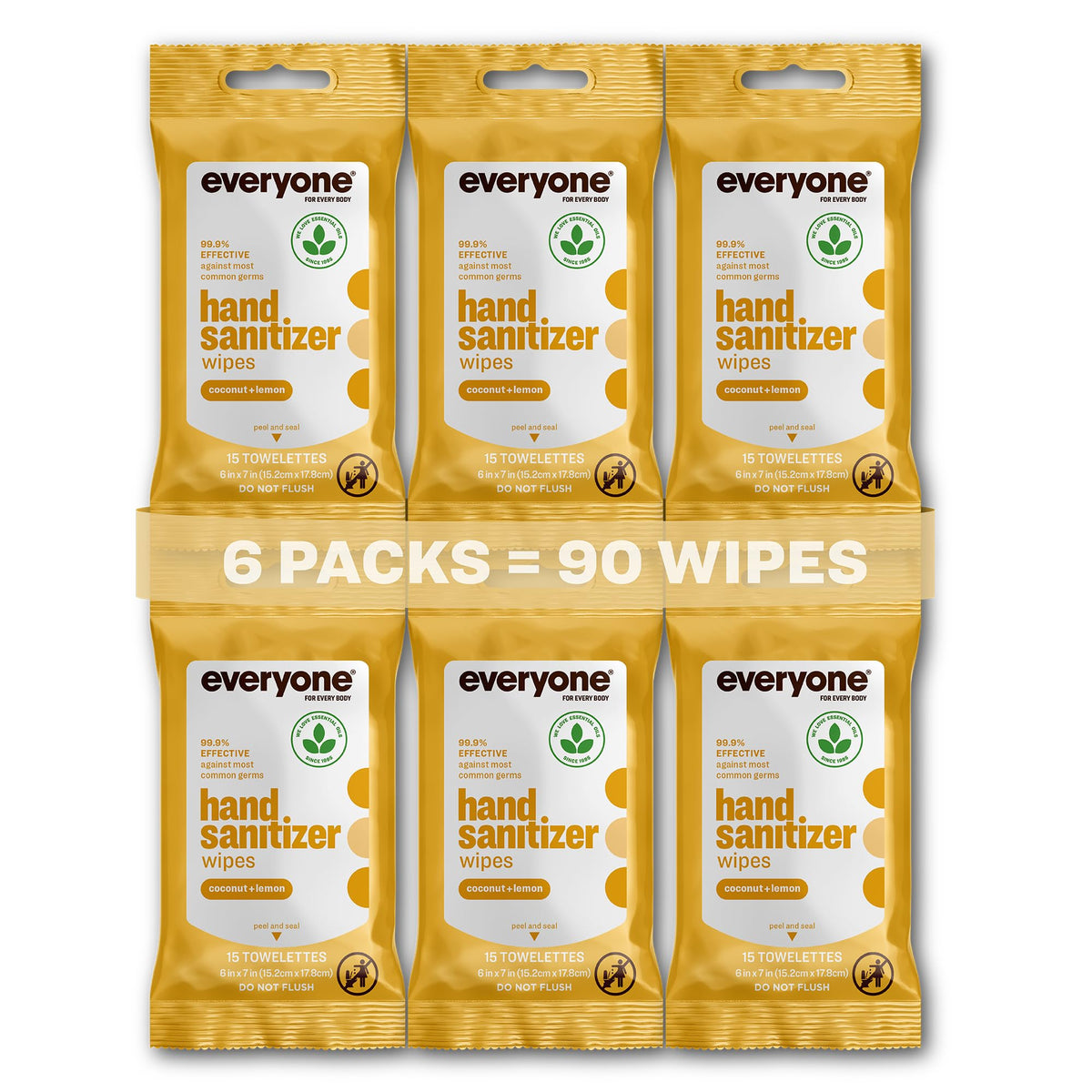 Everyone hand sanitizer wipes 6-pack with coconut lemon scent for quick on-the-go cleansing.