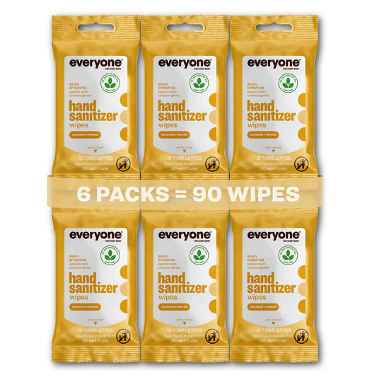 Everyone hand sanitizer wipes 6-pack with coconut lemon scent for quick on-the-go cleansing.