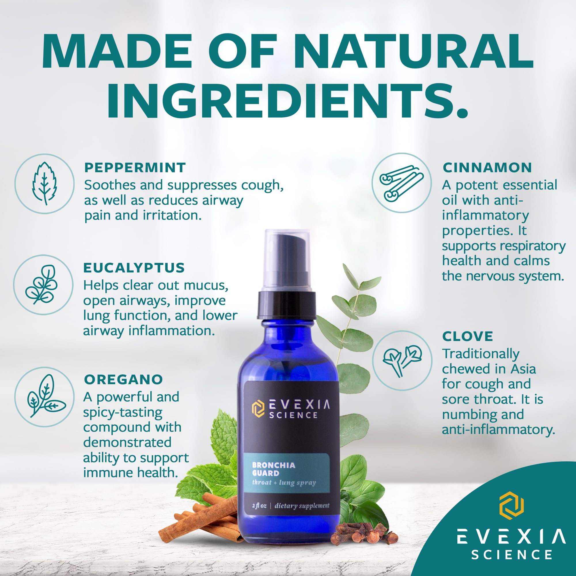 Evexia Science Bronchia Guard essential oils blend close-up.