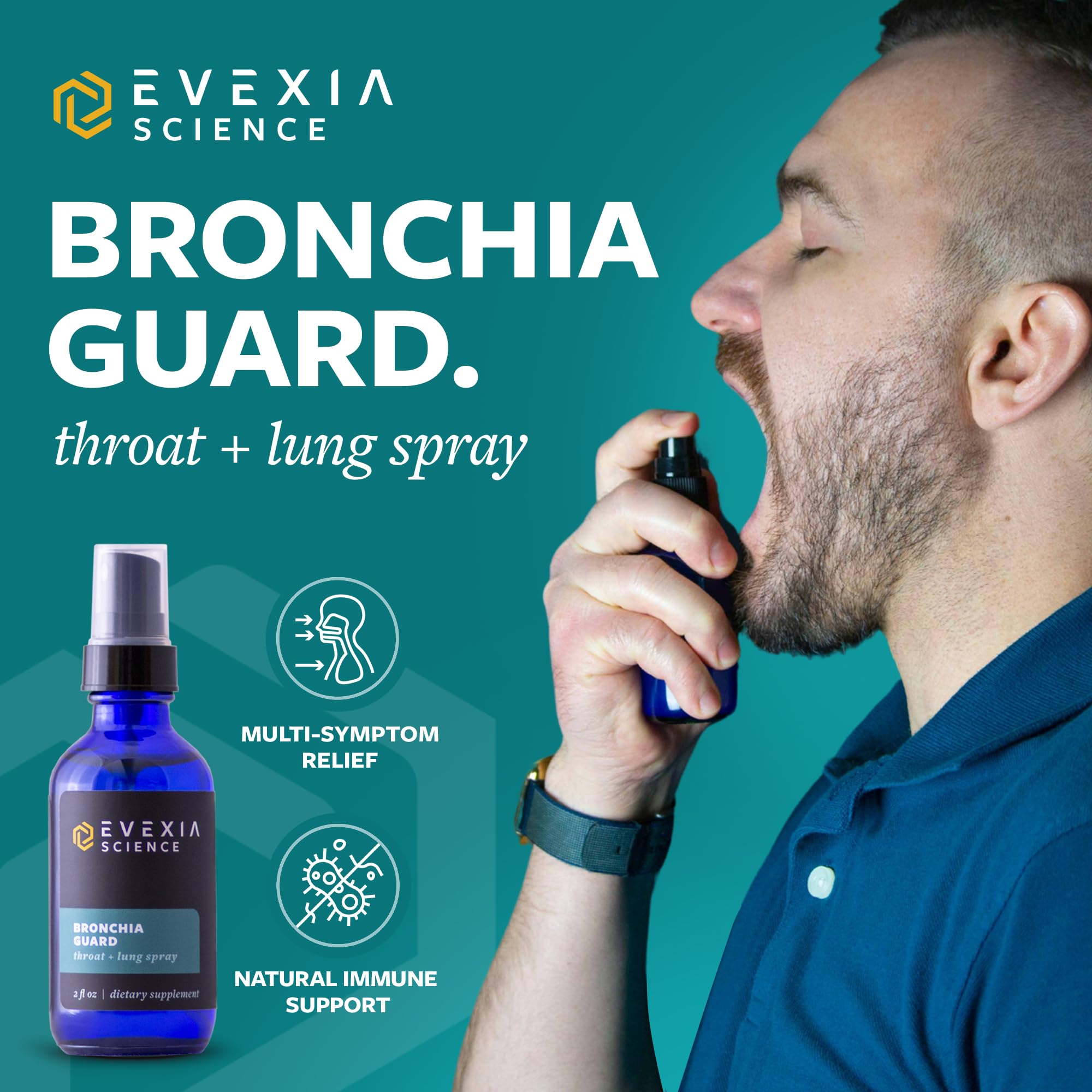 Evexia Science Bronchia Guard nozzle close-up showing spray mechanism.