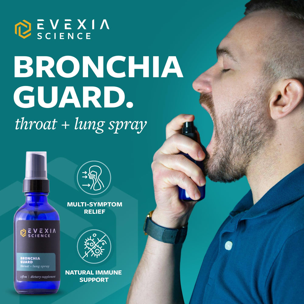 Evexia Science Bronchia Guard nozzle close-up showing spray mechanism.
