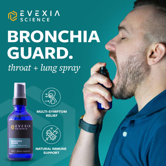 Evexia Science Bronchia Guard nozzle close-up showing spray mechanism.