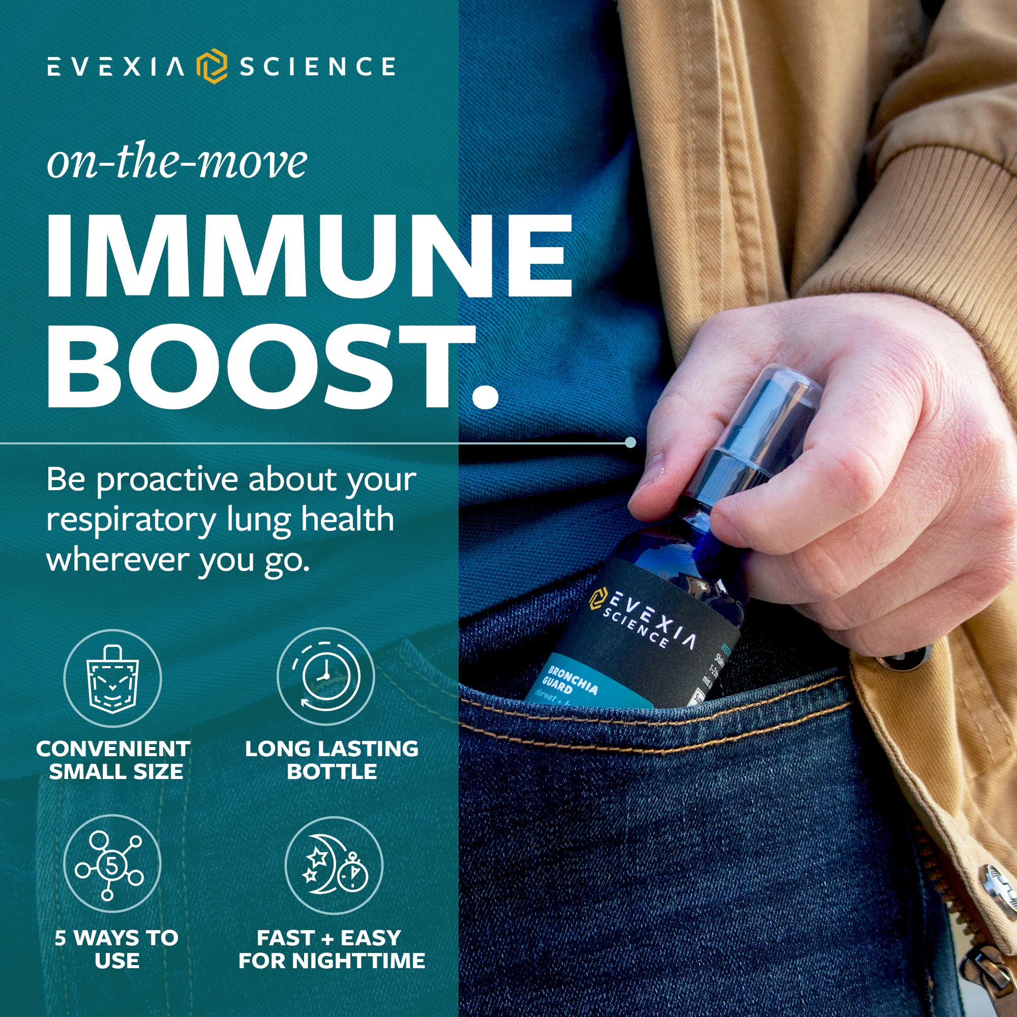 Evexia Science Bronchia Guard spray mechanism delivering targeted throat application.