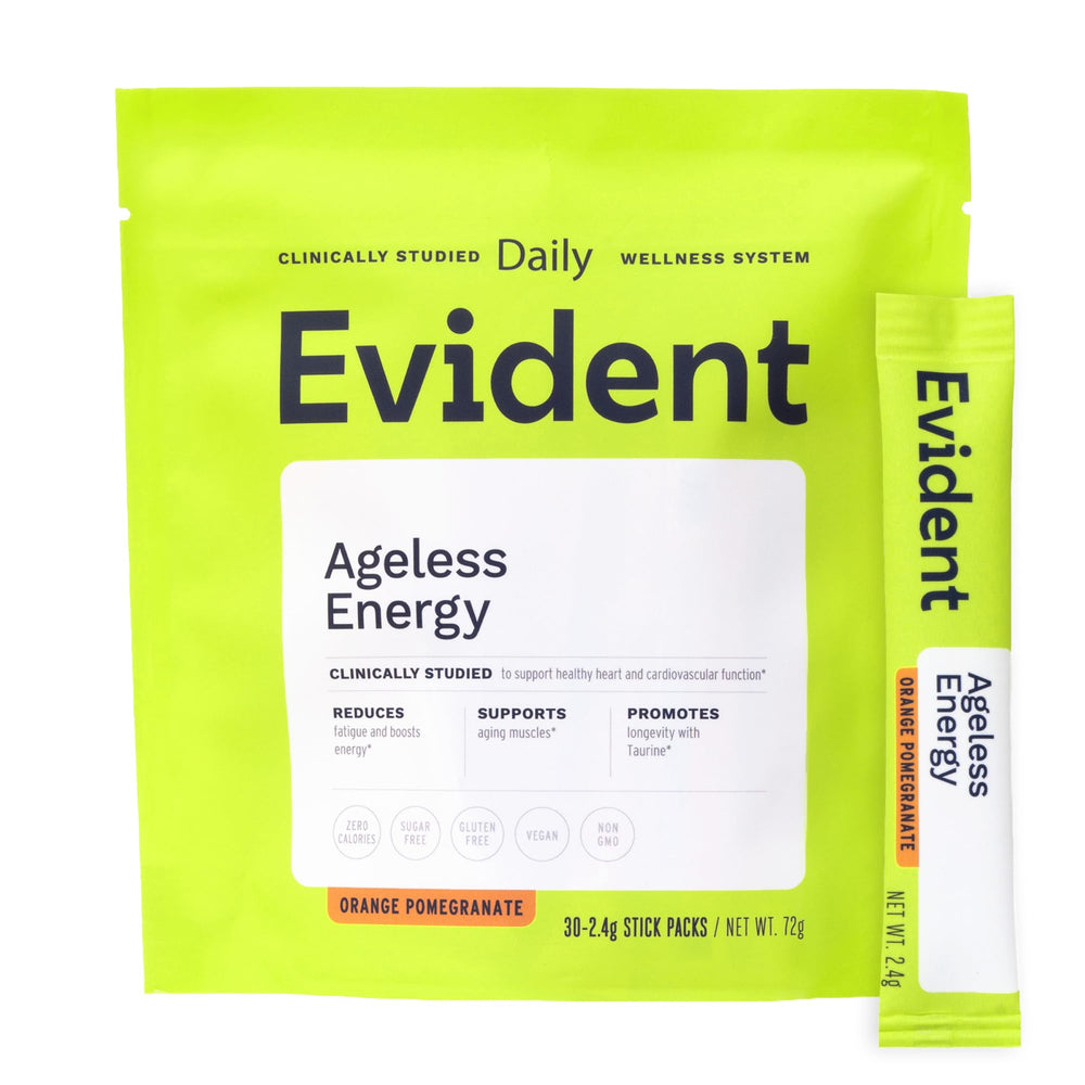 EVIDENT WELLNESS Ageless Energy stick pack con sabor naranja granada para vitalidad en movimiento