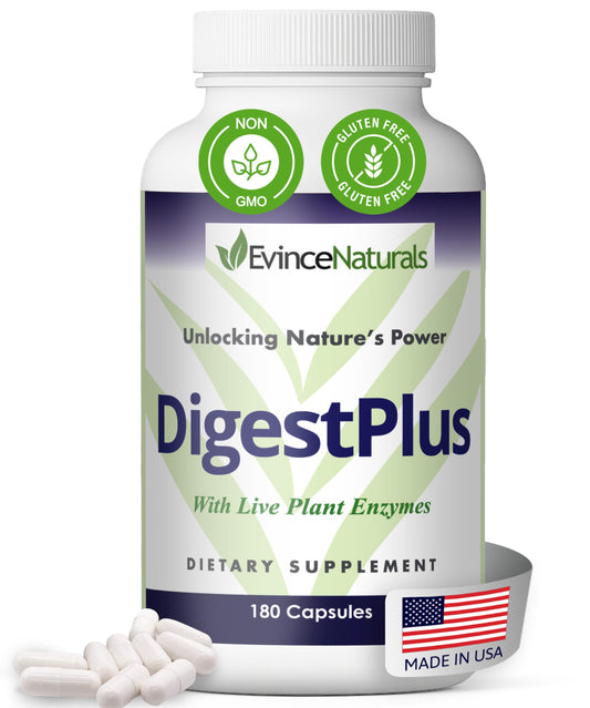 EvinceNaturals DigestPlus bottle on kitchen counter supports digestion with plant enzymes.