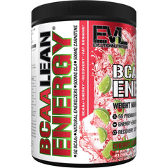 Closeup of EVL BCAA Lean Energy packaging highlighting clean energizers