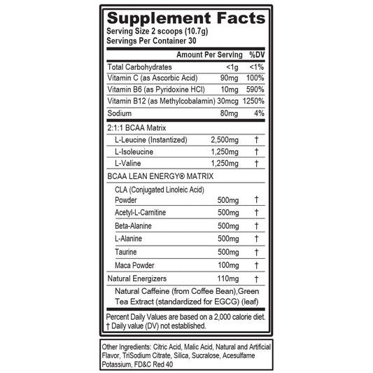 EVL BCAA Lean Energy powder scoop showing a 5 g BCAA serving for lean muscle support