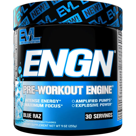 EVL ENGN blue Raz label highlights the energy-boosting formula for focused workouts.