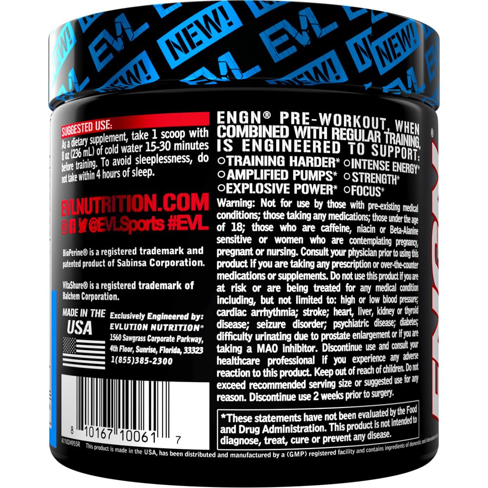 Product shelf with EVL ENGN pre-workout bottle signals premium formula.
