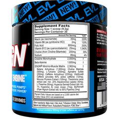 Close-up of EVL ENGN bottle label highlights caffeine and beta-alanine.