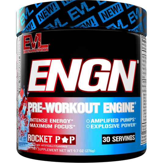 EVL ENGN Rocket Pop tub highlights a premium pre-workout fuel for focused training.
