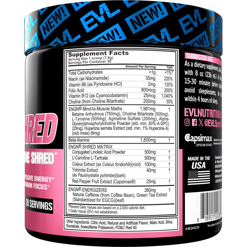 Scoop of ENGN Shred pink lemonade powder ready to blend into a shake for focus and endurance