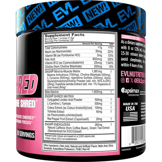Scoop of ENGN Shred pink lemonade powder ready to blend into a shake for focus and endurance
