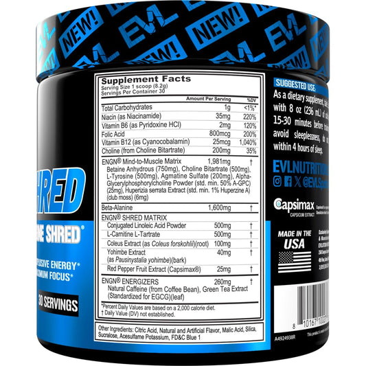 EVL ENGN Shred powder scoop closeup signaling quick energy support