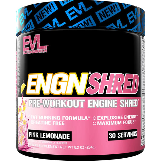 EVL ENGN Shred pink lemonade pre-workout powder in tub for sustained energy
