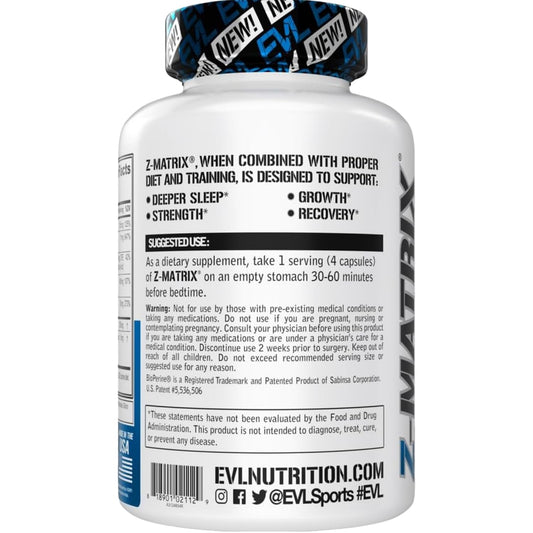EVL ZMatrix label close-up highlighting key ingredients for recovery and sleep-friendly formula